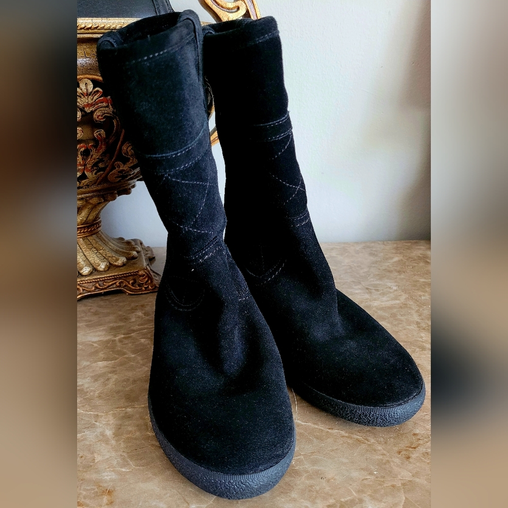 $325 Tory Burch Alana Genuine Suede Shearling Boots Split Pull On Black US6 - Picture 14 of 16